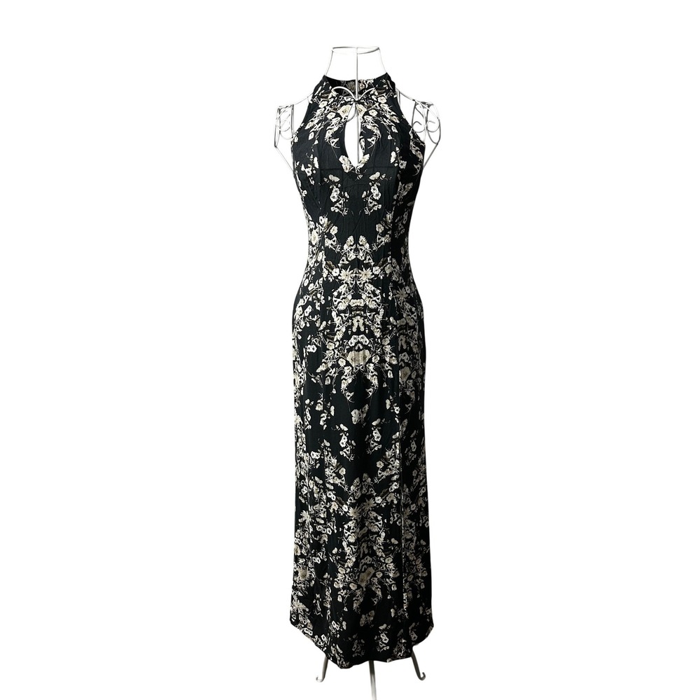 GUESS Maxi Dress Womens 0 Black Cream Floral Halter Keyhole Open Back Slit